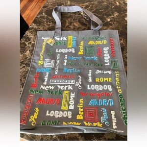 World Cities Gray Canvas Tote Bag New York London Paris Madrid Chicago Miami